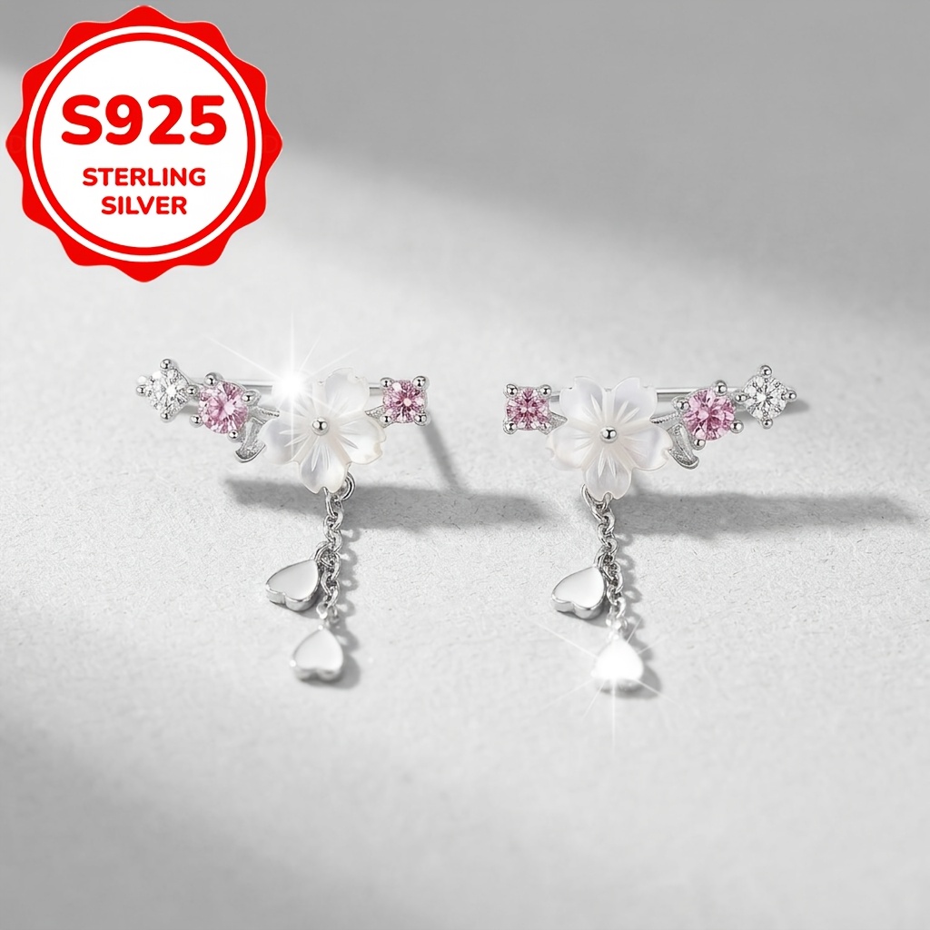 2pcs Women's S925 Sterling Silver Cherry Blossom Tassel Earrings